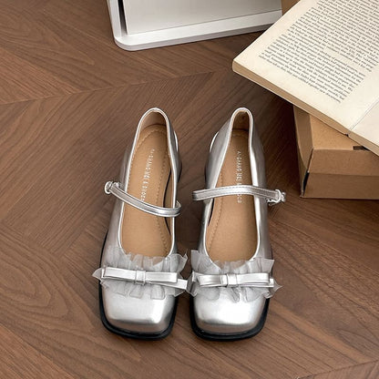 Chunky Heel Square Toe Bow Frill Trim Mary Jane Pumps