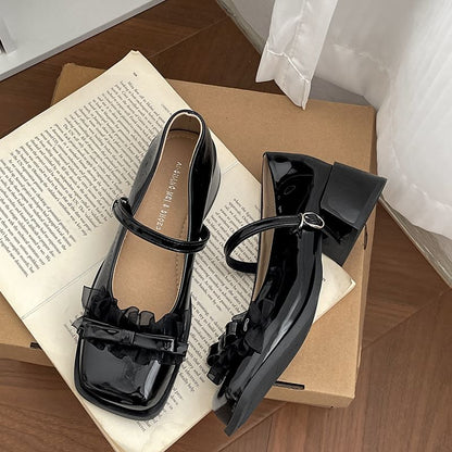 Chunky Heel Square Toe Bow Frill Trim Mary Jane Pumps