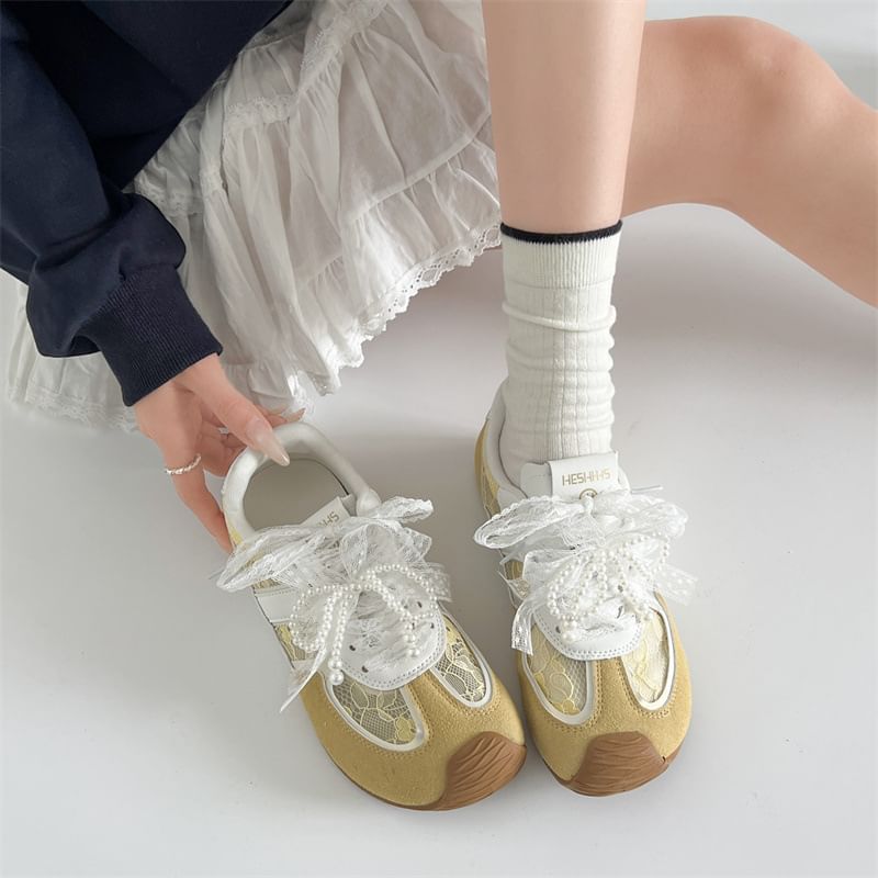 Hidden Wedge Lace Panel Lace-Up Faux Leather Sneakers