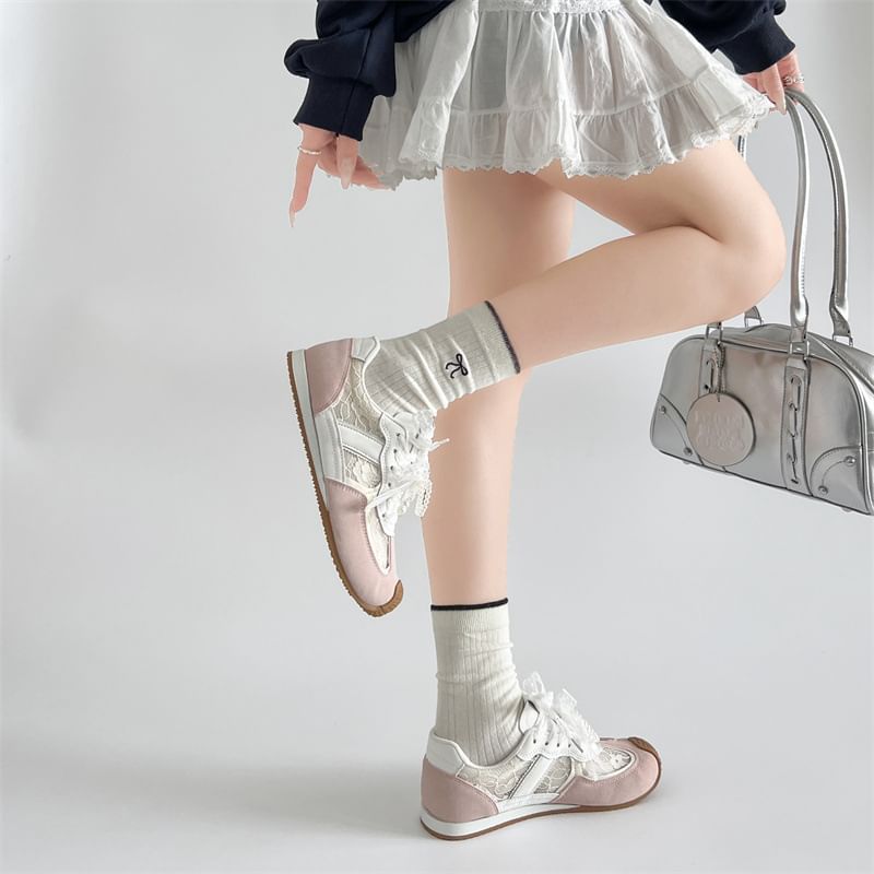 Hidden Wedge Lace Panel Lace-Up Faux Leather Sneakers
