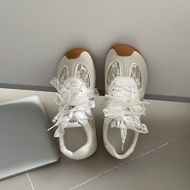 Hidden Wedge Lace Panel Lace-Up Faux Leather Sneakers