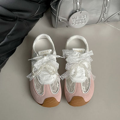 Hidden Wedge Lace Panel Lace-Up Faux Leather Sneakers