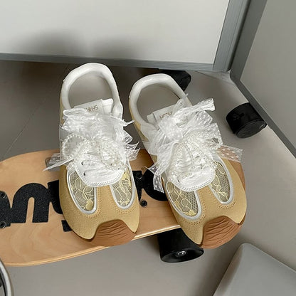 Hidden Wedge Lace Panel Lace-Up Faux Leather Sneakers