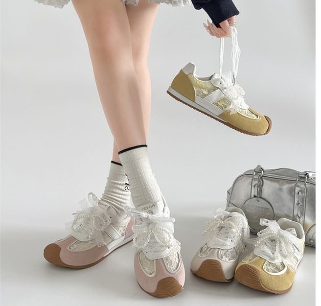 Hidden Wedge Lace Panel Lace-Up Faux Leather Sneakers