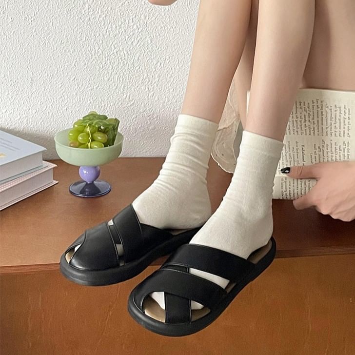 Platform Plain Cutout Faux Leather Sandals