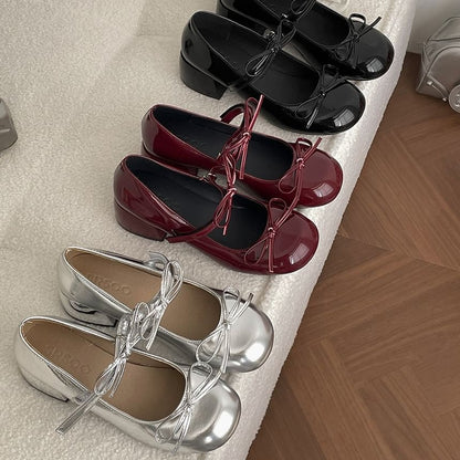 Chunky Heel Bow Faux Leather Mary Jane Pumps