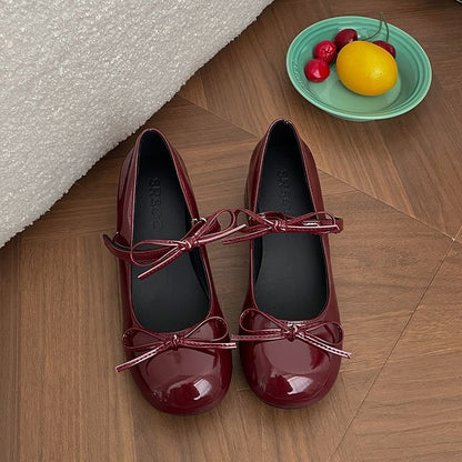 Chunky Heel Bow Faux Leather Mary Jane Pumps