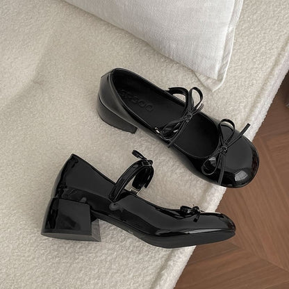 Chunky Heel Bow Faux Leather Mary Jane Pumps