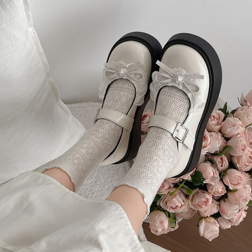 Platform Bow Lace Trim Patent Leather Mary Jane Shoes