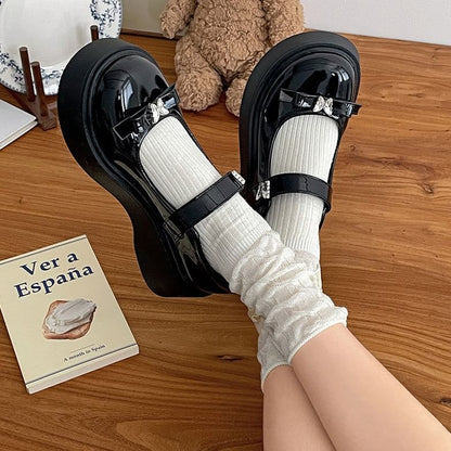 Platform Butterfly Bow Patent Leather Mary Jane Shoes