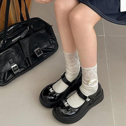 Platform Butterfly Bow Patent Leather Mary Jane Shoes