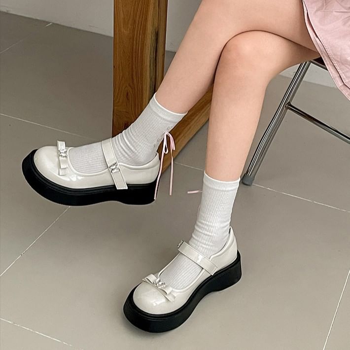 Platform Butterfly Bow Patent Leather Mary Jane Shoes