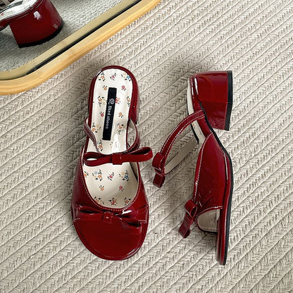 Chunky Heel Bow Patent Leather Sandals