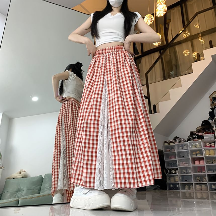 Plaid Maxi Skirt with Lace Panel and High Rise