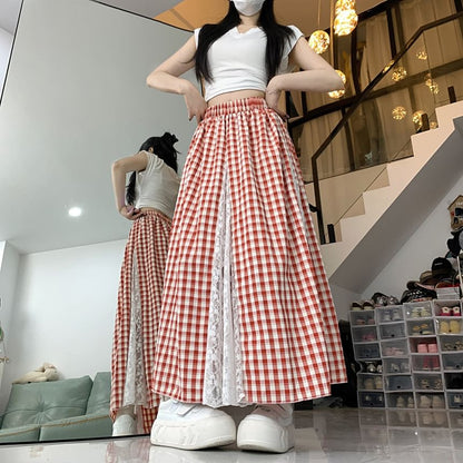 Plaid Maxi Skirt with Lace Panel and High Rise