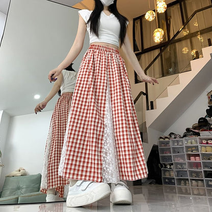 Plaid Maxi Skirt with Lace Panel and High Rise