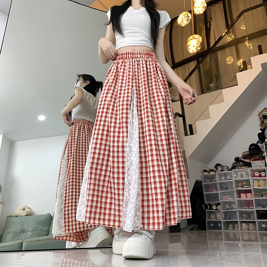 Plaid Maxi Skirt with Lace Panel and High Rise
