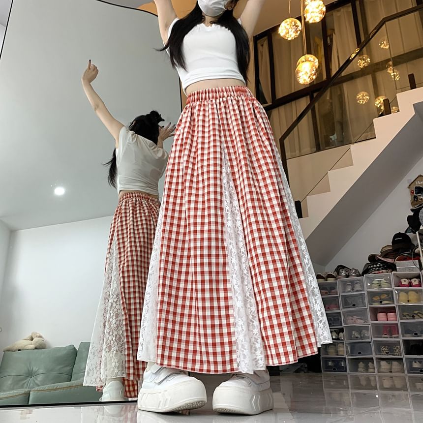 Plaid Maxi Skirt with Lace Panel and High Rise