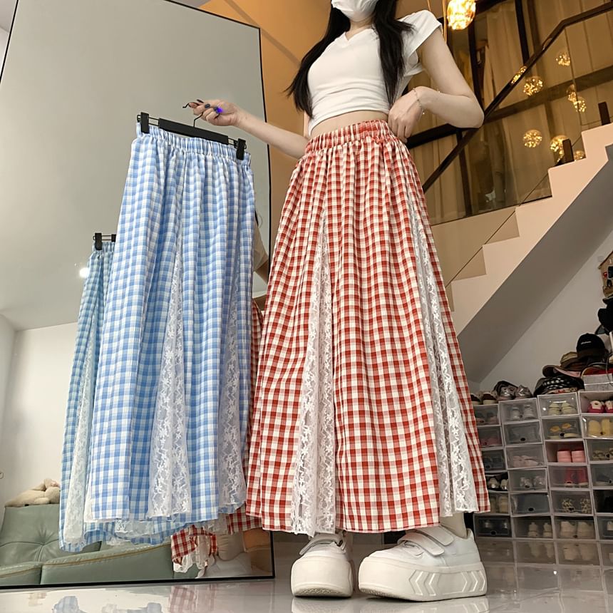 Plaid Maxi Skirt with Lace Panel and High Rise