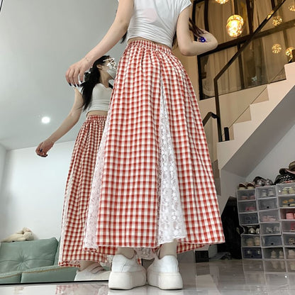 Plaid Maxi Skirt with Lace Panel and High Rise