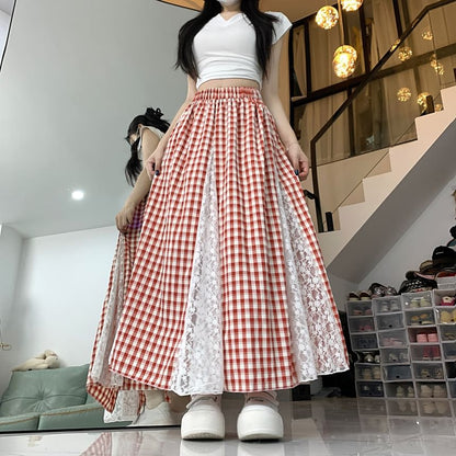 Plaid Maxi Skirt with Lace Panel and High Rise