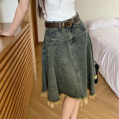 Frayed Denim A-Line Skirt with Asymmetrical Hem
