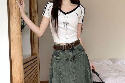 Frayed Denim A-Line Skirt with Asymmetrical Hem