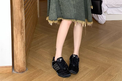 Frayed Denim A-Line Skirt with Asymmetrical Hem