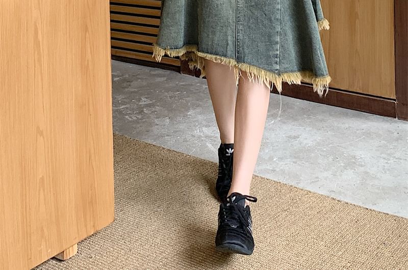 Frayed Denim A-Line Skirt with Asymmetrical Hem