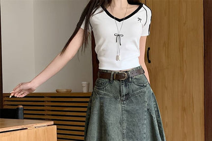 Frayed Denim A-Line Skirt with Asymmetrical Hem