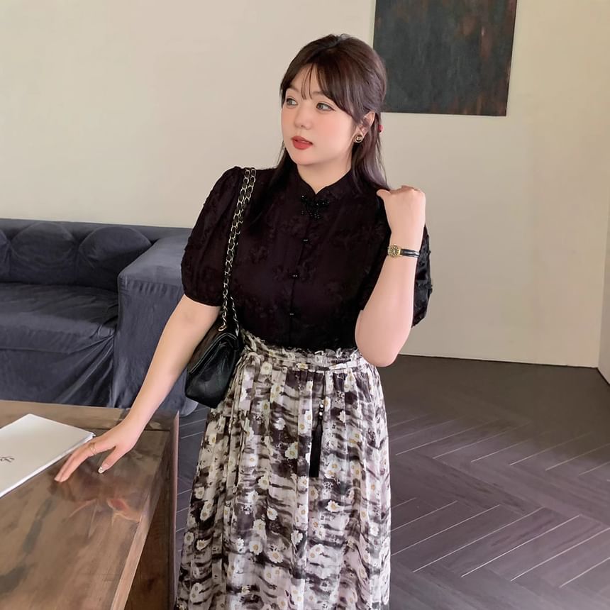 Plus Size Short-Sleeve Stand Collar Plain Blouse