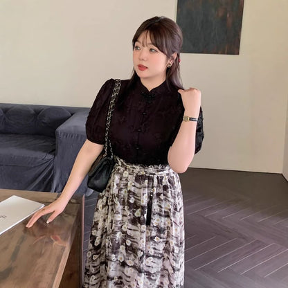 Plus Size Short-Sleeve Stand Collar Plain Blouse