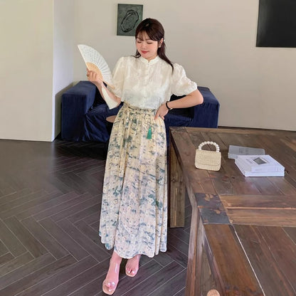 Plus Size Short-Sleeve Stand Collar Plain Blouse