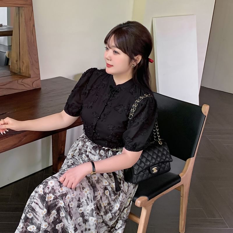 Plus Size Short-Sleeve Stand Collar Plain Blouse