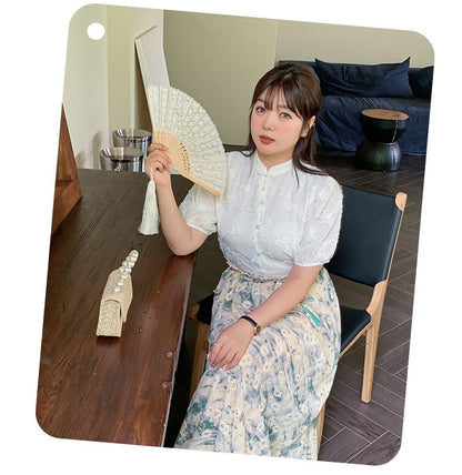 Plus Size Short-Sleeve Stand Collar Plain Blouse