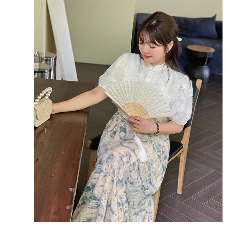 Plus Size Short-Sleeve Stand Collar Plain Blouse