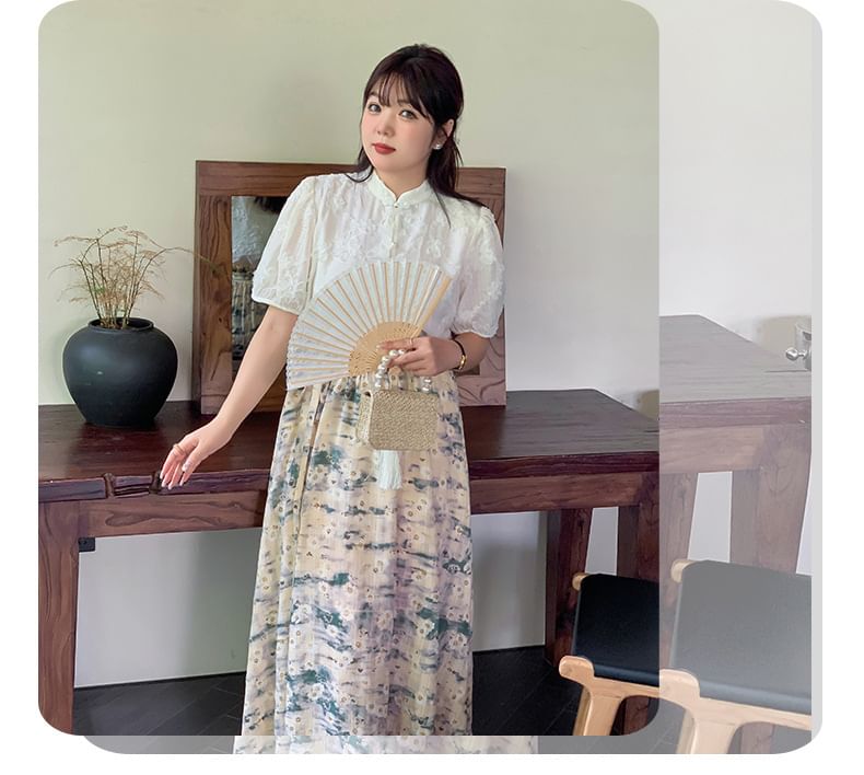 Plus Size Short-Sleeve Stand Collar Plain Blouse