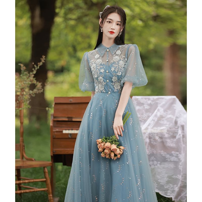 Evening Sequin Flower Puff-Sleeve Gown Embroidered A-Line Collar
