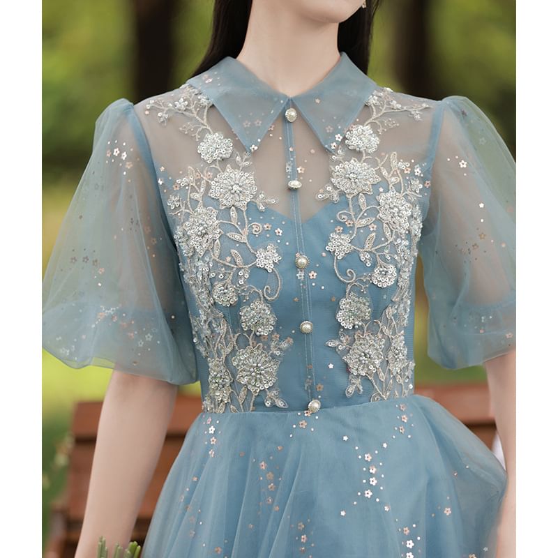 Evening Sequin Flower Puff-Sleeve Gown Embroidered A-Line Collar