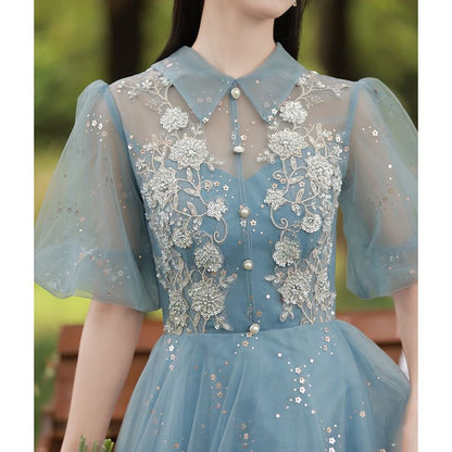 Evening Sequin Flower Puff-Sleeve Gown Embroidered A-Line Collar