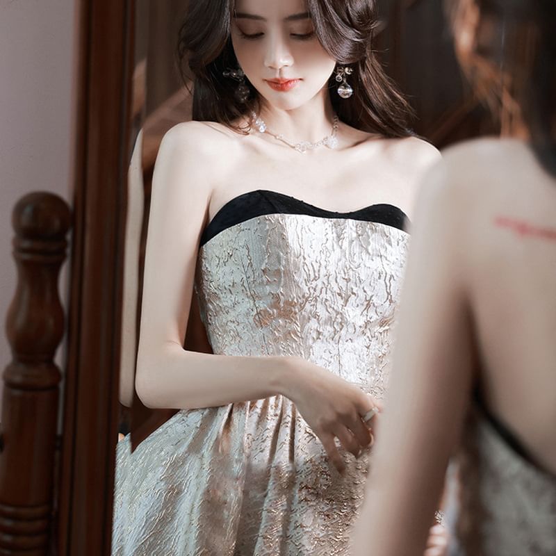 Strapless Patterned Asymmetrical A-Line Evening Gown