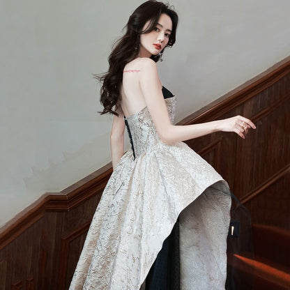 Strapless Patterned Asymmetrical A-Line Evening Gown