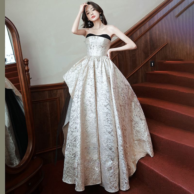 Strapless Patterned Asymmetrical A-Line Evening Gown
