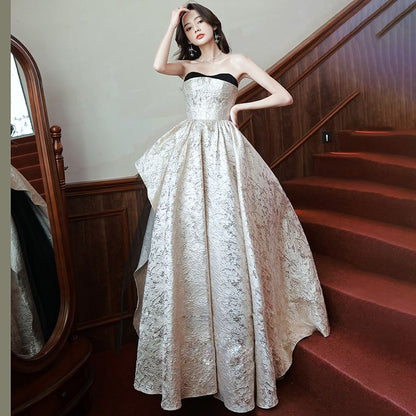 Strapless Patterned Asymmetrical A-Line Evening Gown