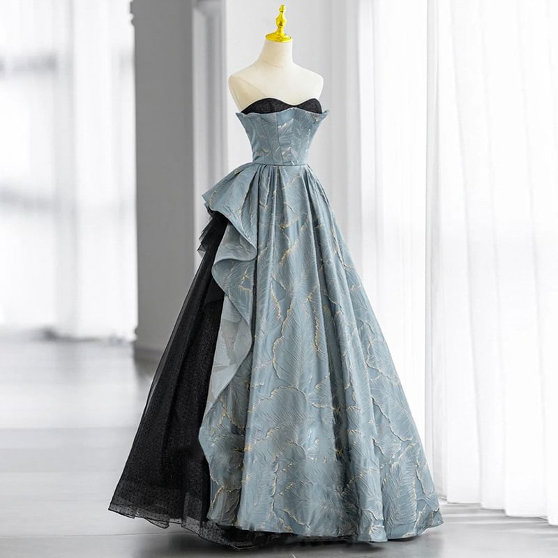 Strapless Patterned Asymmetrical A-Line Evening Gown