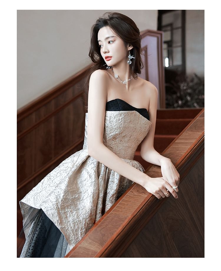 Strapless Patterned Asymmetrical A-Line Evening Gown