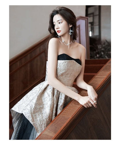 Strapless Patterned Asymmetrical A-Line Evening Gown