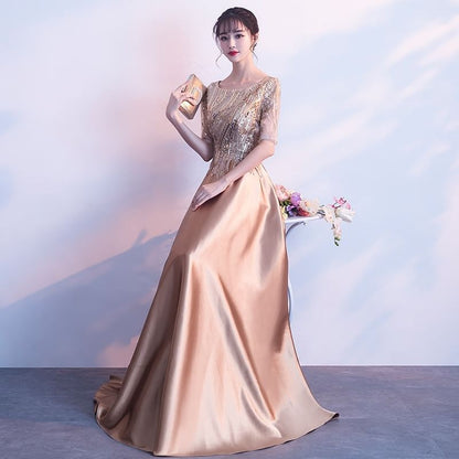 Beaded Sequin Evening A-Line Short-Sleeve Gown