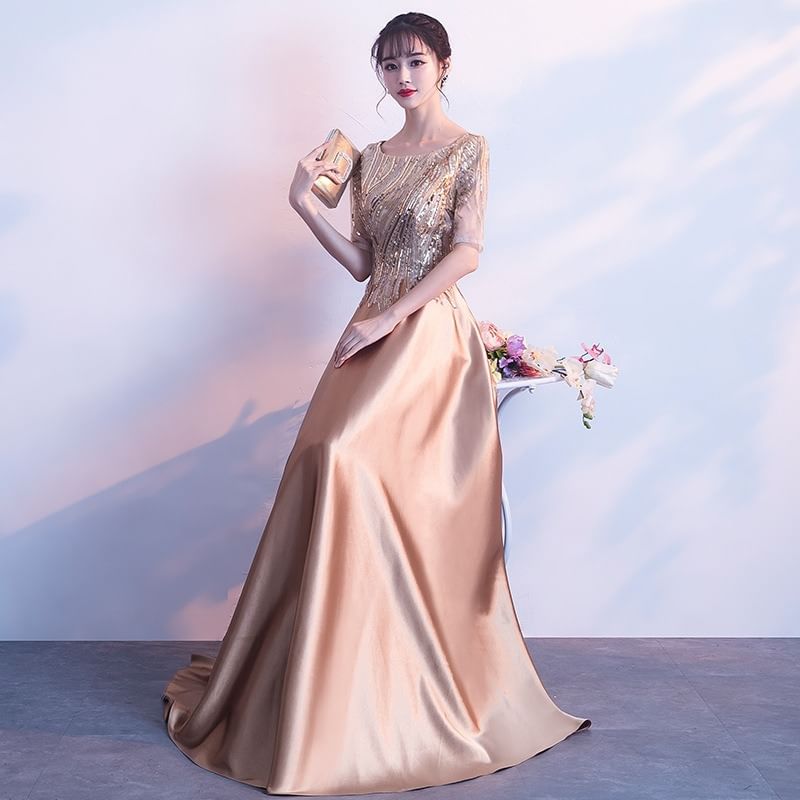 Short-Sleeve Sequin Beaded A-Line Evening Gown