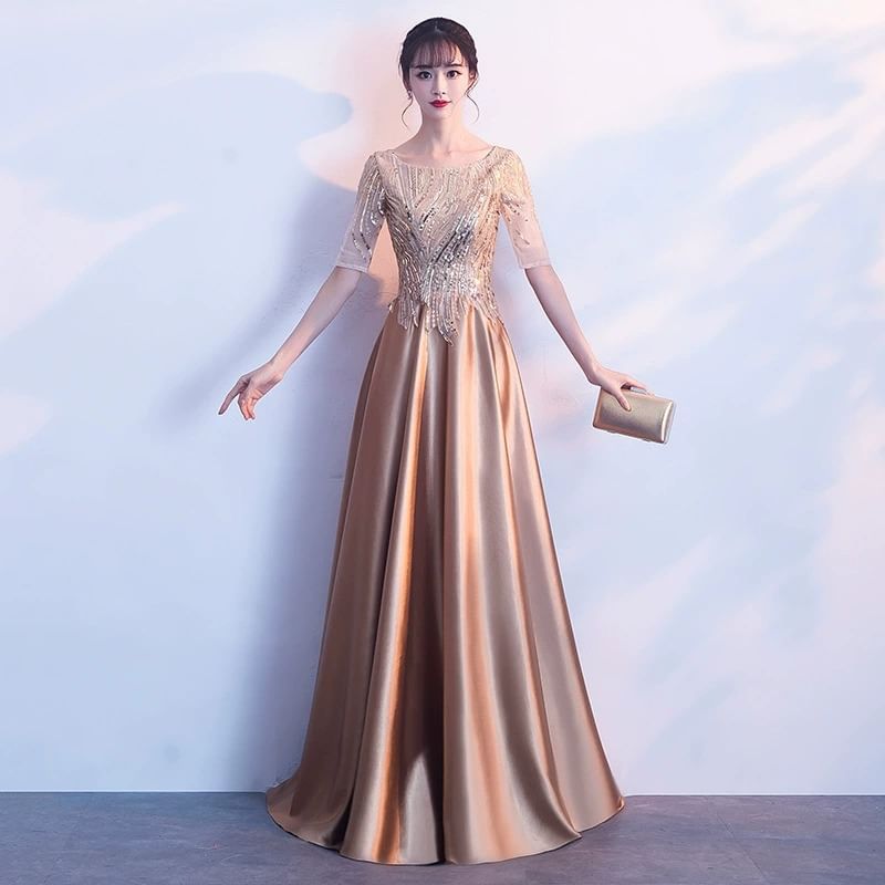 Short-Sleeve Sequin Beaded A-Line Evening Gown